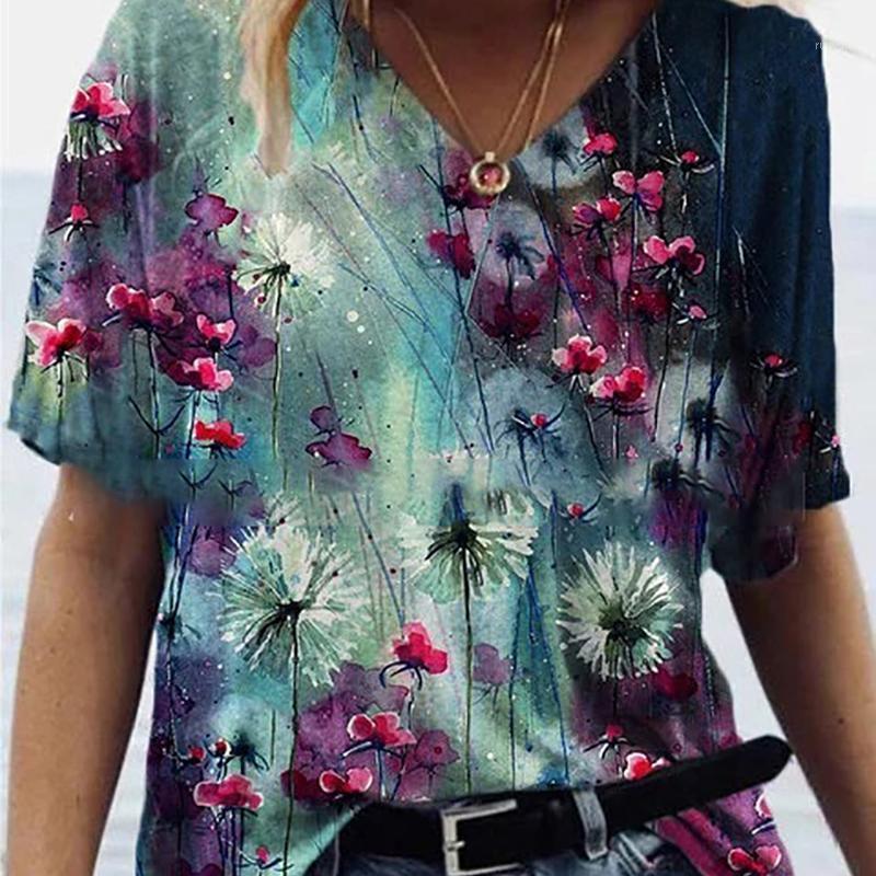 

Summer Women' T-Shirt Vintage Tops Loose Short Sleeve V-Neck Ladies Clothing Casual Soft Comfortable Print Female, 01