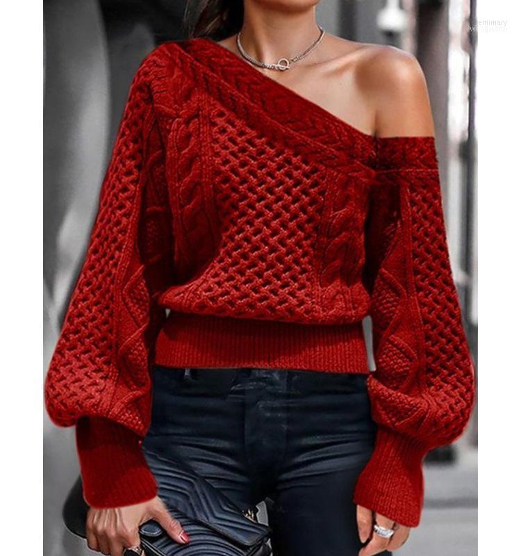 

Women' Sweaters Autumn Winter Sweater Women Solid Red Knitted Off Shoulder Long Lantern Sleeve Loose Soft Jumper Plus Size Jemi22, Black