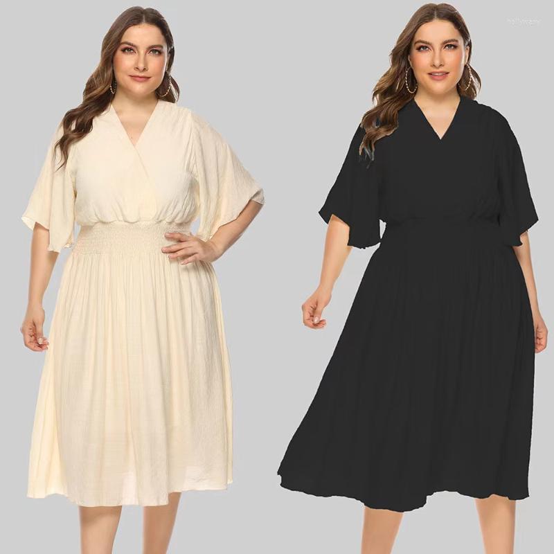 

Plus Size Dresses Summer 2022 Plus-size Dress With V-neck And Waist In Solid Color Flying SleevesPlus Holl22, Beige