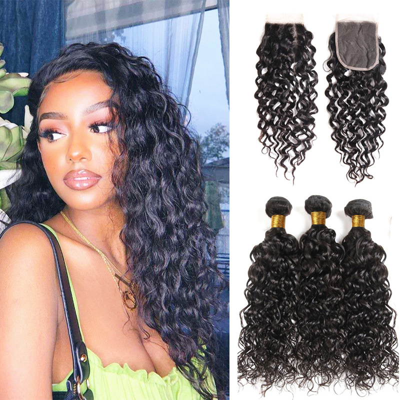 Indian Water Wave Bundles With Closure Wet and Wavy Curly 12A Human Hair Bundles