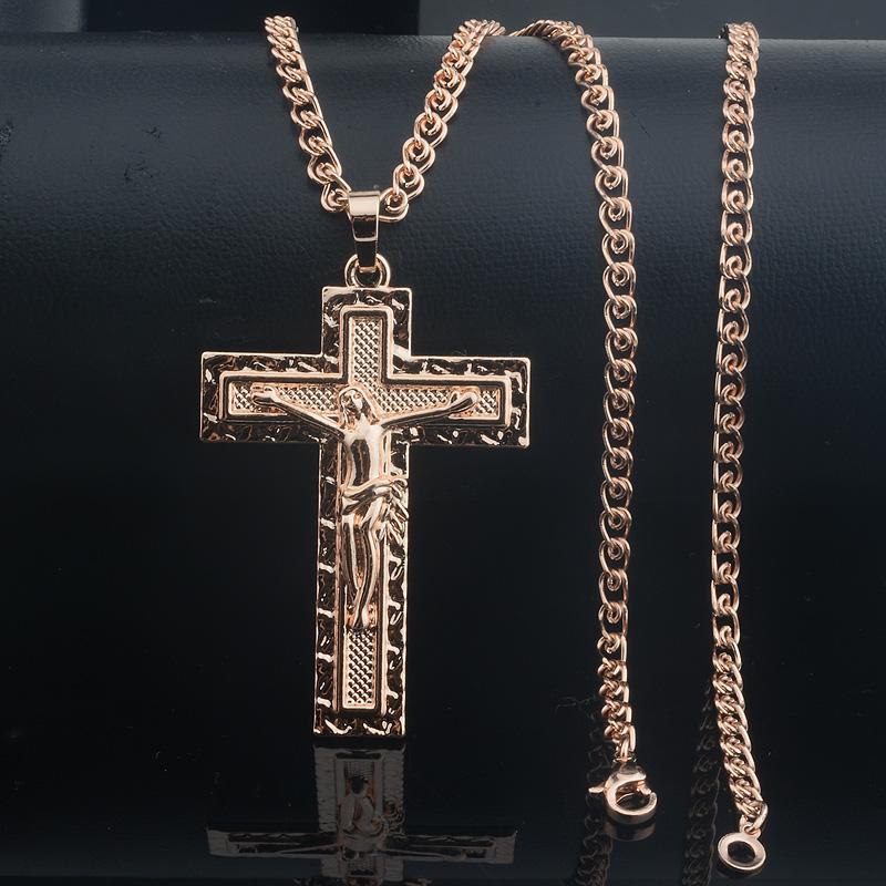 

Pendant Necklaces 3.5cm Wide Women Cross Men 585 Rose Gold Color Link ChainPendant