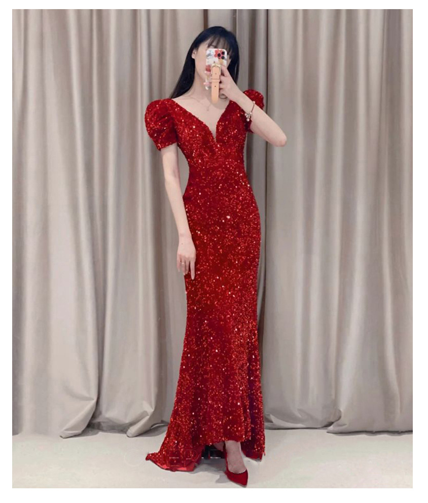 Sparkling Red Prom Dresses Sheer V Neck Sequins sequined Mermaid 2022 Long Sleeve Tulle Applique Sweep Train Formal Party Evening Gowns-image-760542176