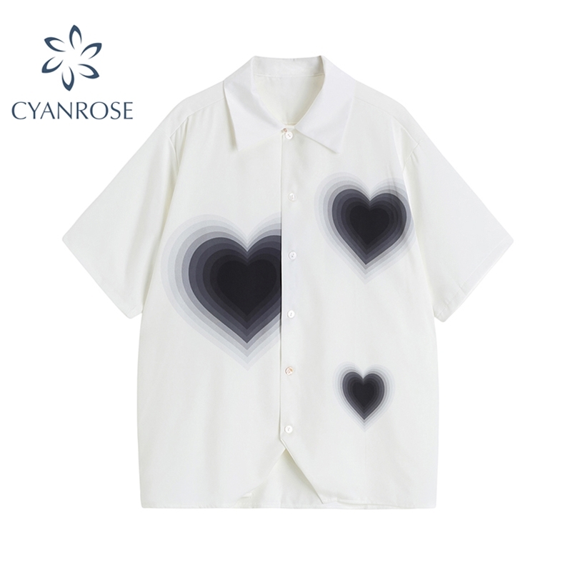 

Fashion Women's Short Sleeve Shirts Korean Loose Summer Fashion Harajuku Heart Pirnted Casual Streetwear Female Blouse Top 220407, White