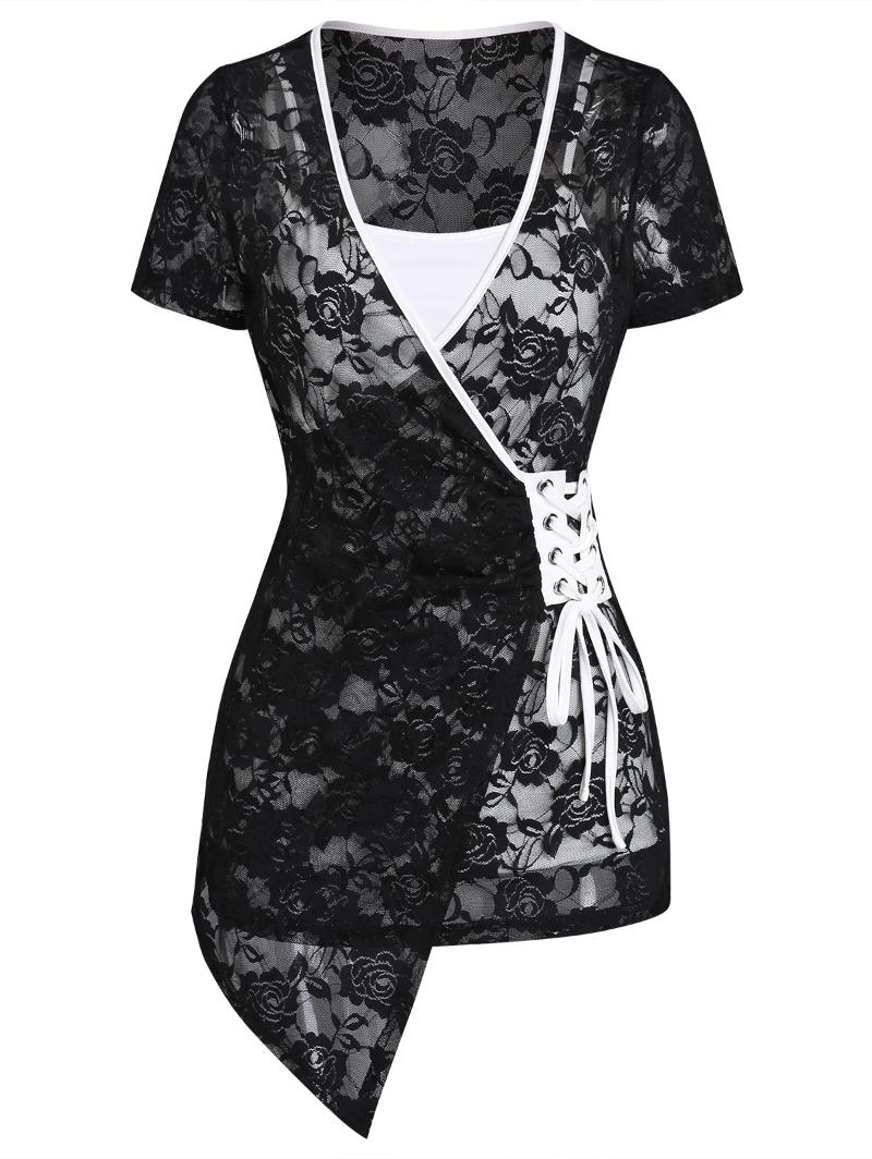 

Women's T-Shirt Flower Lace Wrap Top And Plain Camisole Short Sleeve Two Piece Set Rose Gothic Style Fashion Femme T-ShirtsWomen's, Black