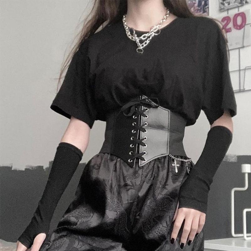 

Belts Gothic Lace Up Waistband Crop Top Wide Leather Belt Strap Women Corset Elastic Tight High Waist Slim Cummerbunds Girdle, Black