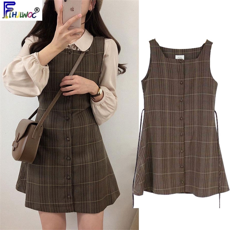 Mignon Mini année Date robes sans manches gilet femmes corée Style japonais Design rétro Vintage Plaid bouton chemise robe 11021 220815