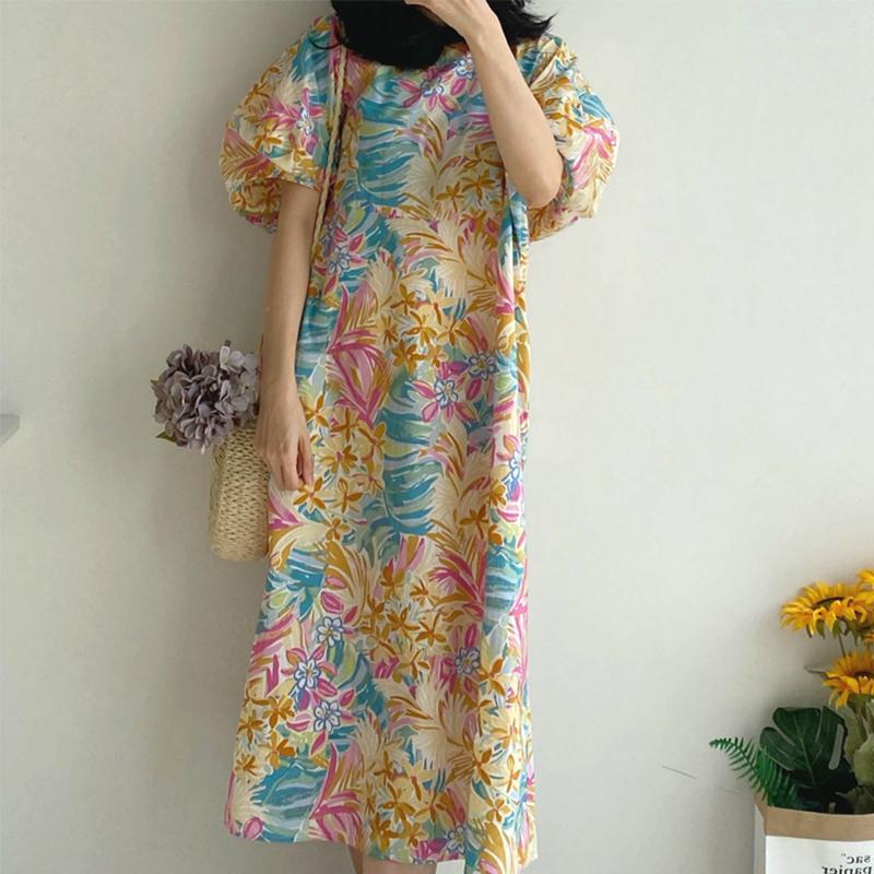 

Plus Size Dresses Summer Print Loose For Women Round Neck Temperament Commuter Korean Version Short Sleeve Dress 2022, Yellow
