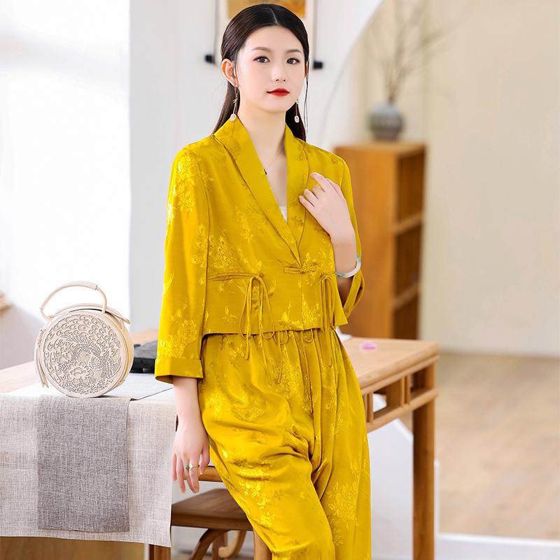 

Women' Two Piece Pants Chinese Style Suit Female Summer Retro Jacquard Short Small Jacket Harem Elastic Waist Lady Two-Piece Set -XXLWomen, Lavender