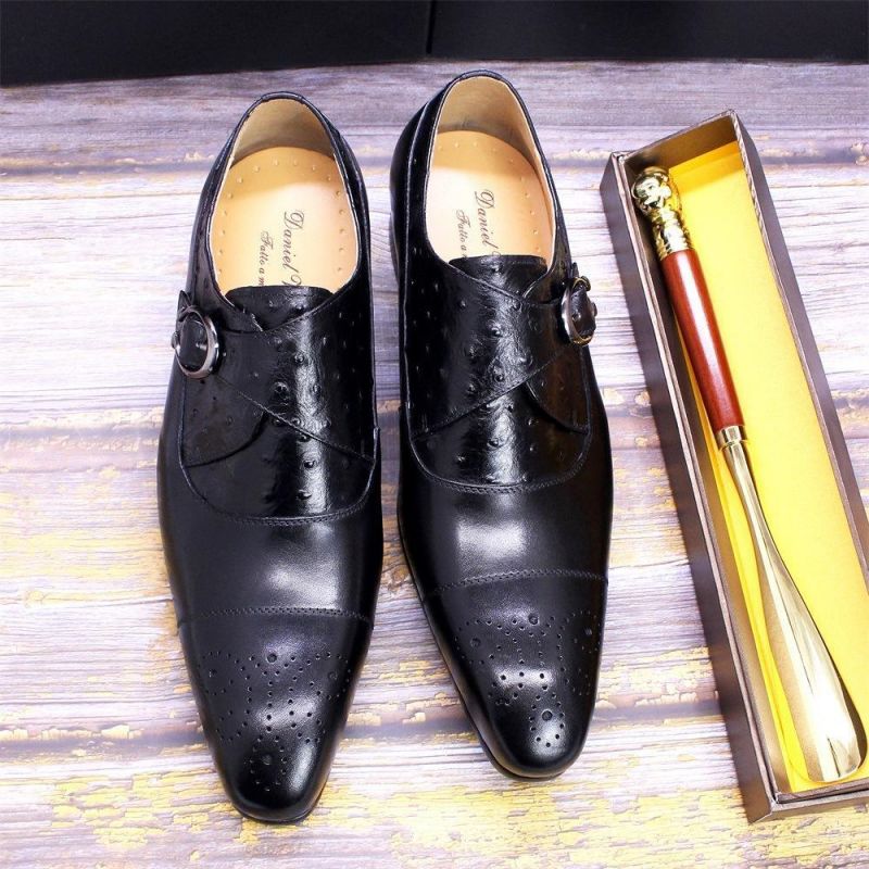 

Men Monk Shoes Leather Ostrich Embossed Pointed Toe Brock Carving Adjustable Buckle Office Party Casual Shoes KB275, Clear