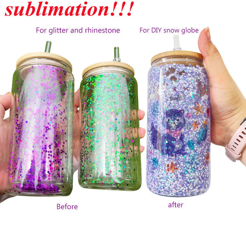 

sublimation double wall glass can tumbler with hole glitter snow globe blank glass tumbler with bamboo lids beer juice glasses cup 16oz, Customize