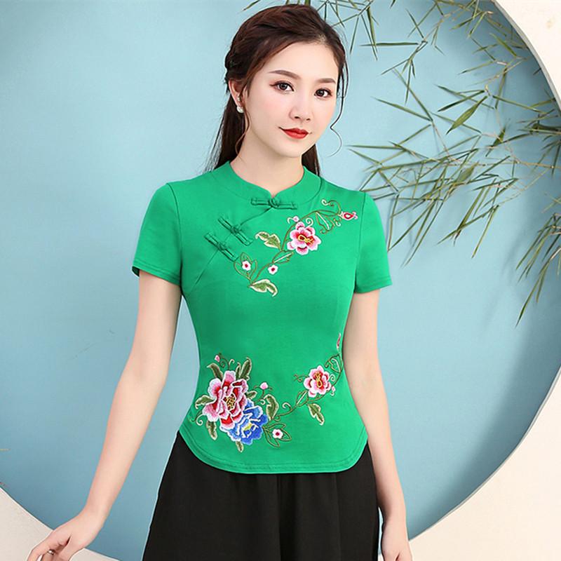 

Women's T-Shirt Summer Harajuku Woman Tshirts Shirts For Women Embroidered Short-sleeved Women's Tops Slim Square Dance QipaoWomen's, Black