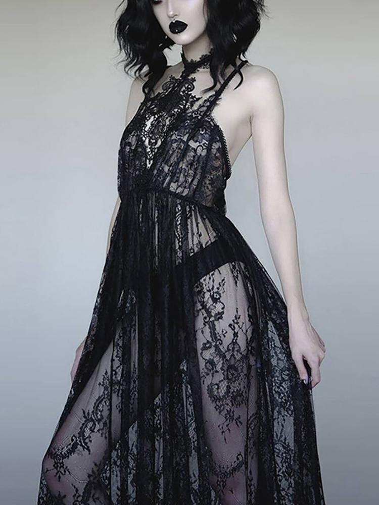 

Casual Dresses Women' Fashion Sexy See Through Lace Dress Streetwear Gothic Dark Party Club Slip Halter Off The Shoulder 2022 TrendyCas, Black