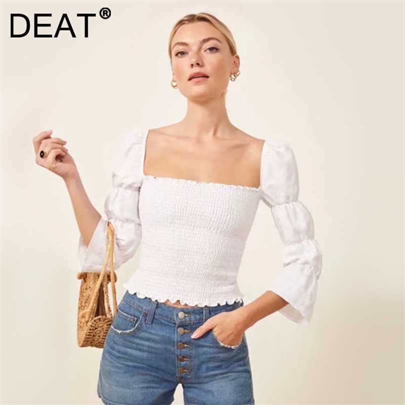 

DEAT Women Vintage Pleated T-shirt Solid Color Square Collar Puff Sleeve Fashion Temperament Spring Summer 11D1686 210709, White