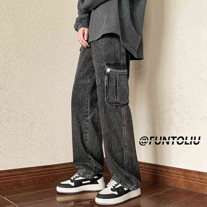 

4 Colors Baggy Cargo Jeans Men Fashion Casual Pocket Jeans Men Streetwear Hip Hop Loose Straight Denim Pants Mens Trousers -2XL T2207267, Black