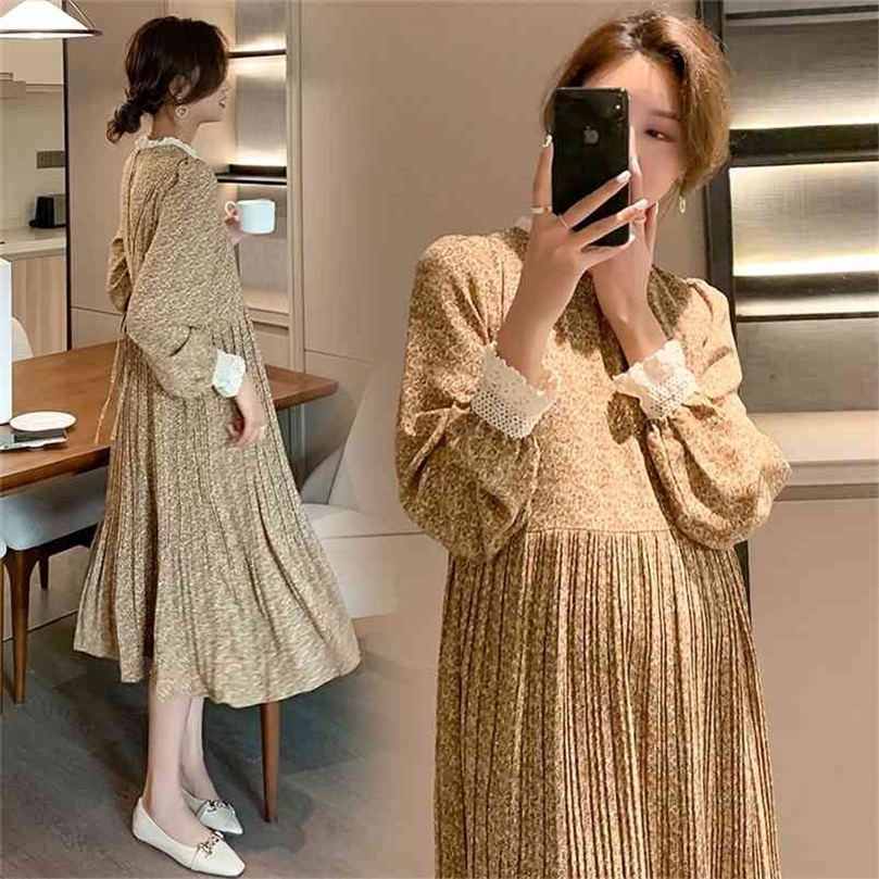 

705# Spring Korean Fashion Maternity Long Dress Floral Printed A Line Loose Clothes for Pregnant Women Ties Waist Pregnancy 210721, Khaki