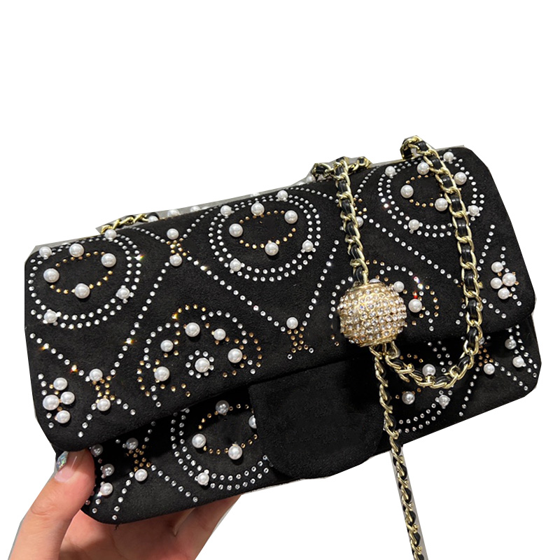 

Rivet Pearl Crush Strass Gold Ball Bags Classic Mini Flap Embroidery Silver Hardware Adjustable Shoulder Strap Crossbody Cosmetic Case Designer Handbags 23*12CM, Box