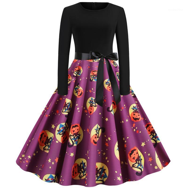 

Casual Dresses Women Sexy Midi A-line Dress O-neck Long Sleeve Stitching Halloween Printed Slim Ladies Large Swing Party #G2