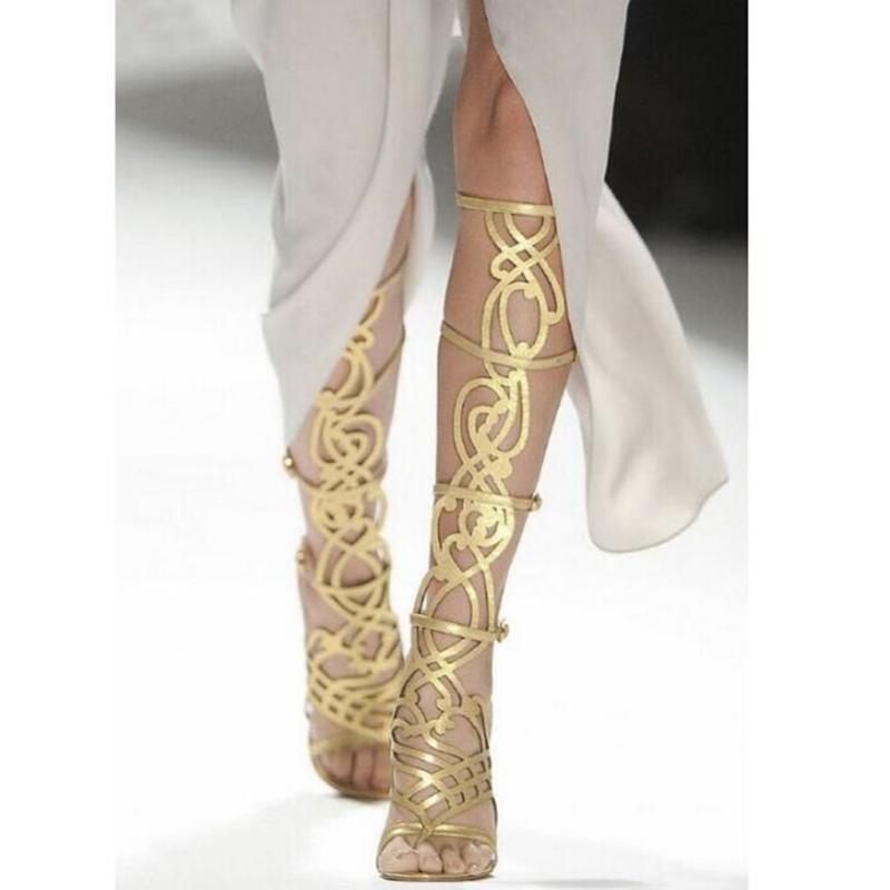 

Sandals Gold Boots Summer Gladiators Shoes Woman Heels Sexy Hollow Out Buckle Strap Stiletto Knee High Catwalk Sandal BootsSandals