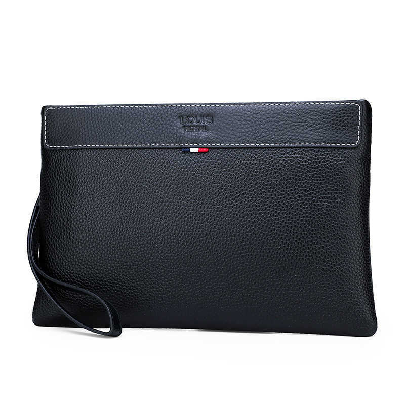 

Men's handbag leather handle envelope bag 2022 new fashion grab Business soft leather large capacity clip bag, Black