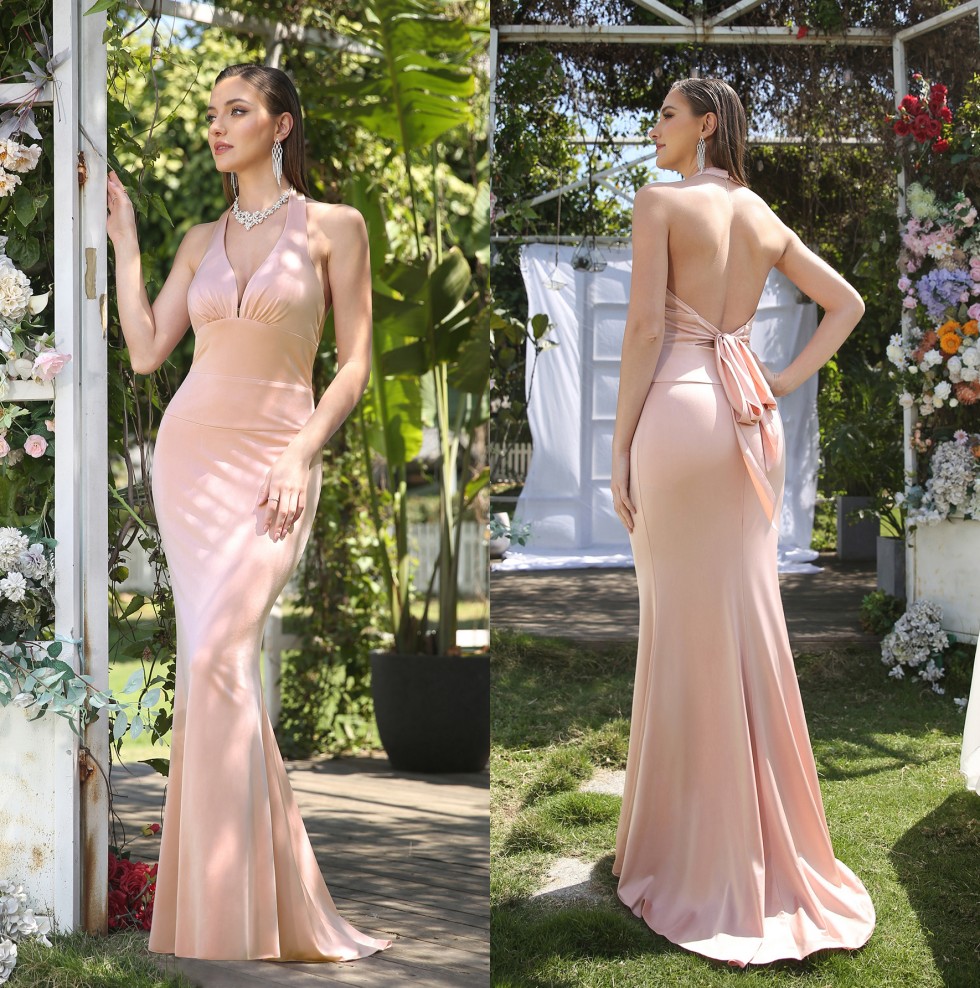 

Pearl Pink Halter Mermaid Bridesmaid Dresses V-Neck Ruched Backless Sweep Train Formal Party Wedding Guest Maid of Honor Formal Wears cps3018