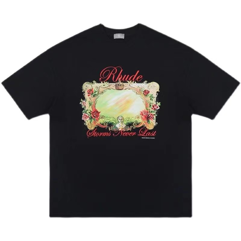 T-shirts masculins T-shirts européens et américain Brand de mode Rhude T-shirt Floral Imprimé hommes décontracté Coton Coton Coton Couple Coupure