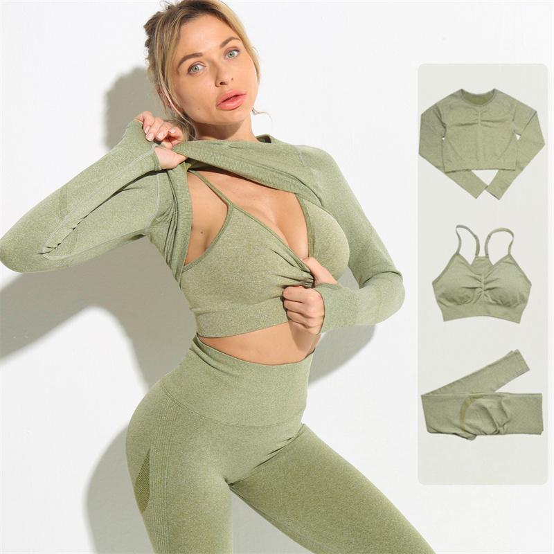

Yoga Outfit Seamless Set Women Workout Sportswear Gym Clothing Fitness Long Sleeve Crop Top High Waist Leggings Bra Sports SuitsYoga, Brapantslightgray