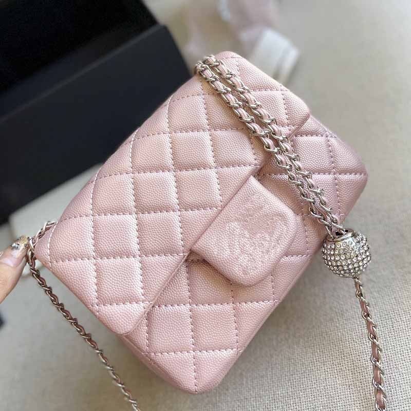 

18C Womens Crossbody Designer Bags Plain Color Genuine Leather Classic Handbag Flap Mini Timeless Diamond Quilting Diamond-encrusted Ball Adjuster Shoulder Bag ZH, Pink
