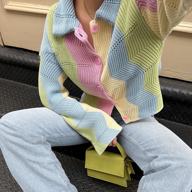 

Women' Knits & Tees Women Patchwork Striped Knit Cardigans Outwear Vintage Fashion Long Sleeve Lapel Button Down Loose Coats Fall Spring Ja, Blue