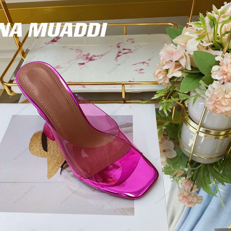 

Luxury Designer Amina Muaddi sandals New clear Begum Glass Pvc Crystal Transparent Slingback Sandal Heel Pumps Naima embellished Rose red Mules slippers shoes, Only a shoe box