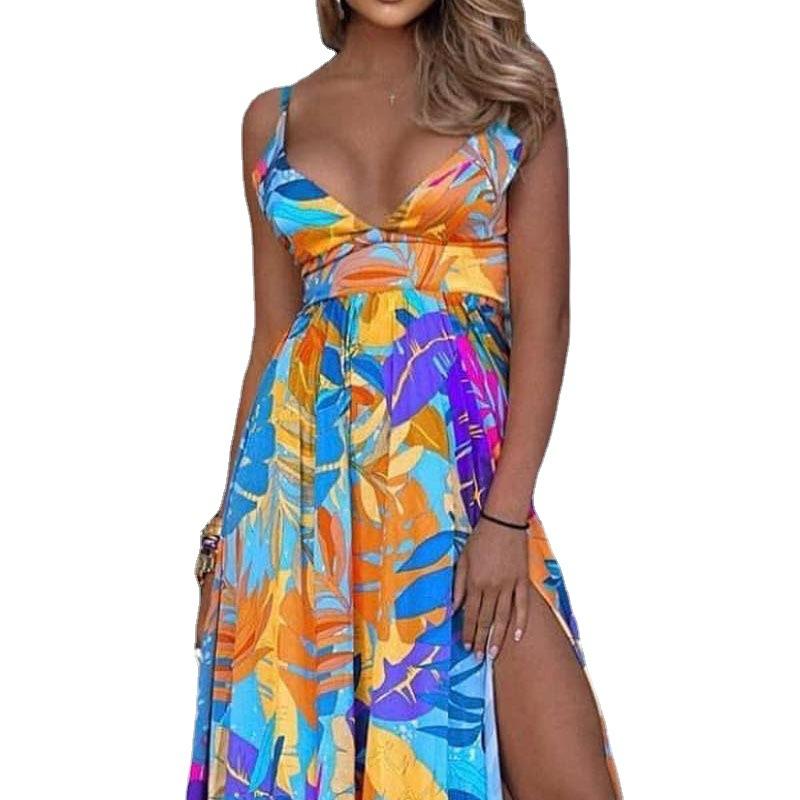 

Casual Dresses Bohemian Style Woman Dress Split Spaghetti Strap Female Vestido Summer Sleeveless, Blue