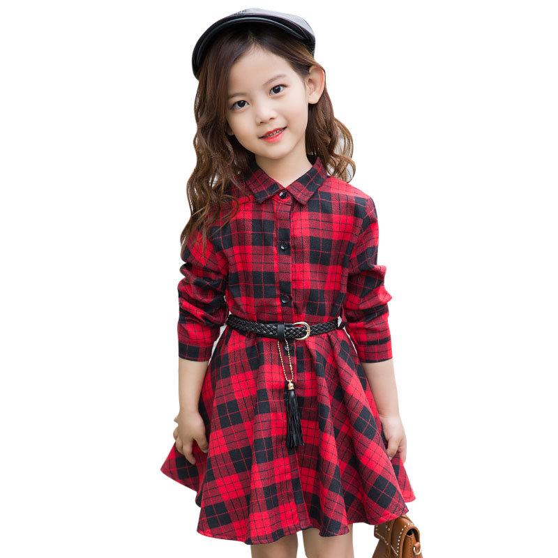 

Girl's Dresses Elegant Girls Casual Long Sleeve Plaid Shirt Dress With Belt Fashion Teenager Blouse 4 5 6 7 8 9 10 11 12 13 Years OldGirl's, Red
