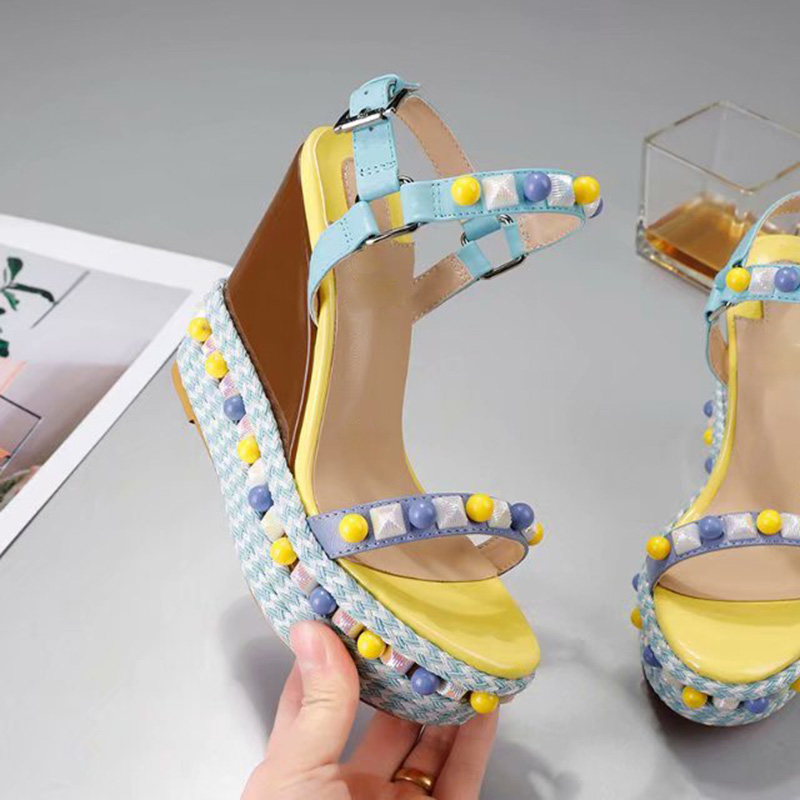 

high heeled sandals for womens luxury designer Pearl willow nail decorate Stylish color mix and match open toes shoes Top quality Thick bottom slope heel sandal, 5#12cm