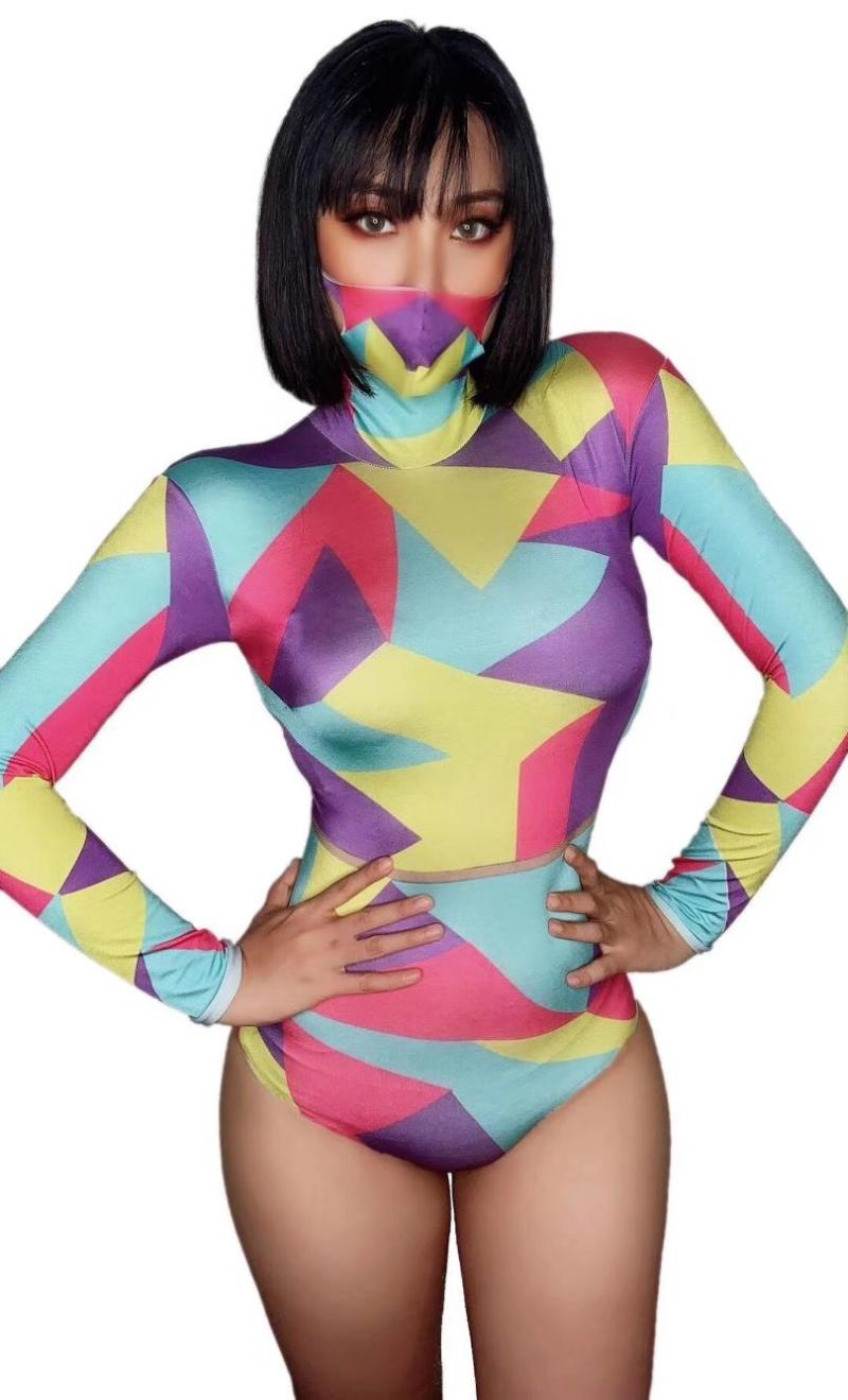 

Women' Two Piece Pants Geometric Printing Bodysuit Outfit Party Costumes Stage Wear Dance Nightclub Women Bodycon Playsuit With Mask, Multi