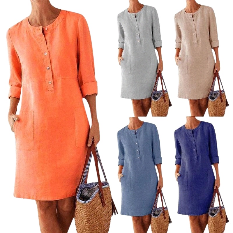 

casual Dresses 2021 Fashion Autumn Women's MIDI Dress Solid Color Loose Cotton O-neck Long Sleeve Vestidos f9n7#, Dark blue