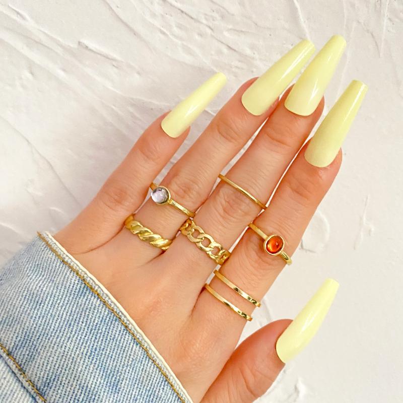 

Cluster Rings Korea Fashion 8pcs/set Vintage Colorful Stone Metallic Chain Trendy Geometry Hit Set For Women Girls Jewelry GiftsCluster
