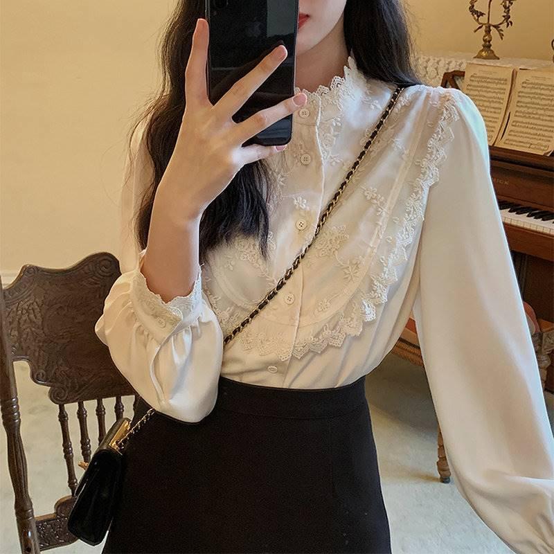 

Women' Blouses & Shirts Stand Collar Vintage Lace Embroidery Shirt For Women Simple Loose Casual Korean Style Blouse Elegant French Chic Bl, Beige