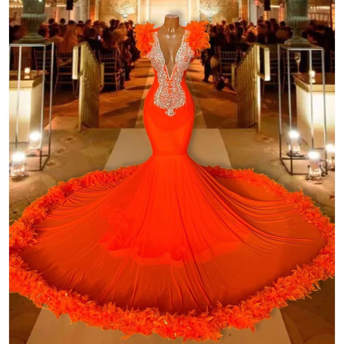 Luxury Orange Mermaid Prom Dresses For Black Girls Feathers Bottom Beading Crystal Deep V Neck Evening Party Gowns Birthday Dress