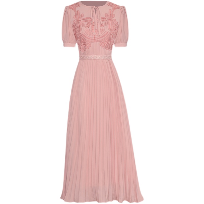 

O-neck Collar Short Sleeve Luxury Embroidery Pink Black DressTop Quality Summer Pleated Midi Dresses 2022 Women Vestidos Robe Femme