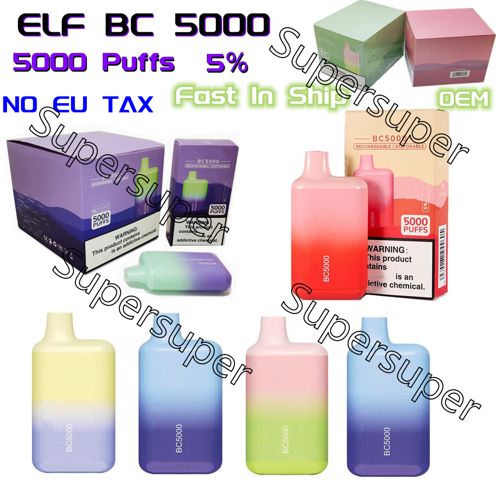 

Newest Elf BC 5000 Disposable E Cigarettes NO EU TAX 5000 Puffs 5% OEM Vape Pen 650mAh Rechargeable Battery With Type-C Charge 13ml Refillable Vapor Pod Vapes VS Puff Flex