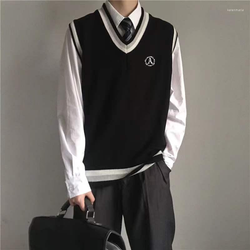 

Men' Vests Autumn College Style Sweater Vest Male Student Coats Korean Trend Knitting Sleeveless V-Neck 3 Color Pullover Unisex Clothes Kar, Black