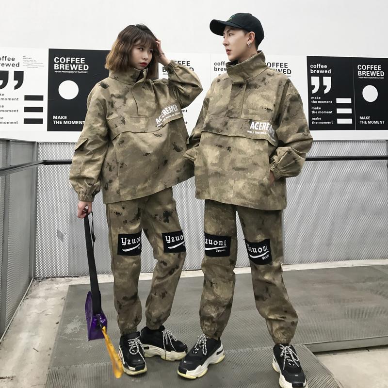 

Men' Tracksuits Fashion Camouflage Coat Long Trousers 2 Pieces Set Stand Collar Top Hip-hop Pants Outwear Army Green S1, As pic