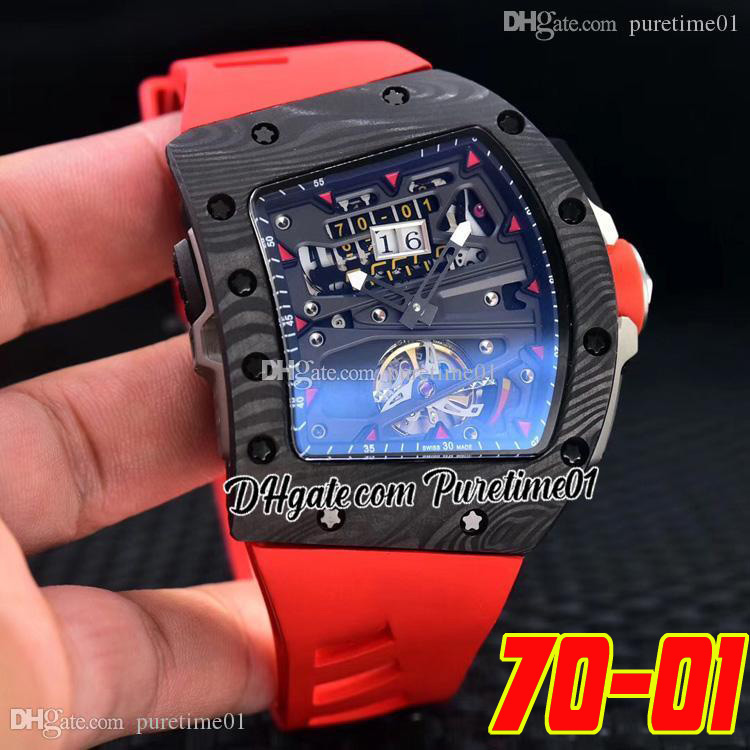 

Alain Prost F1 Autoamtic Tourbillon Mens Watch NTPT Carbon Fiber Big Date Skeleton Dial Limited Edition Red Rubber Strap Sports Watches Puretime01 7001F6, A3