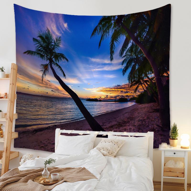 

Tapestries Beach Tapestry Wall Hanging Palm Tree Backdrop Carpet Sea Scenery Moon Blanket