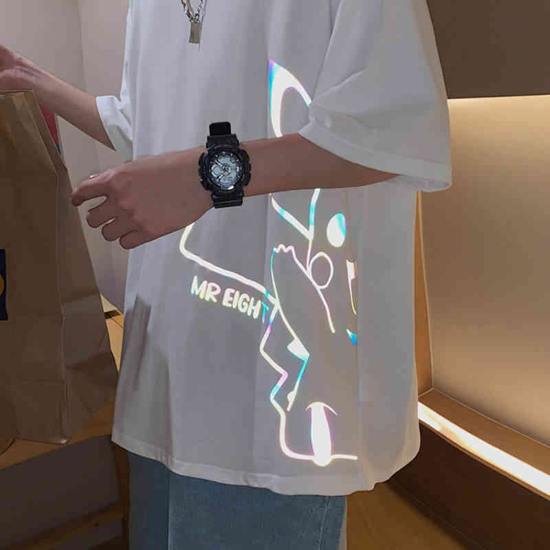 

Reflective new short t-shirt men's versatile fashion brand ins loose couple half sleeve Summer Fashion Top, White