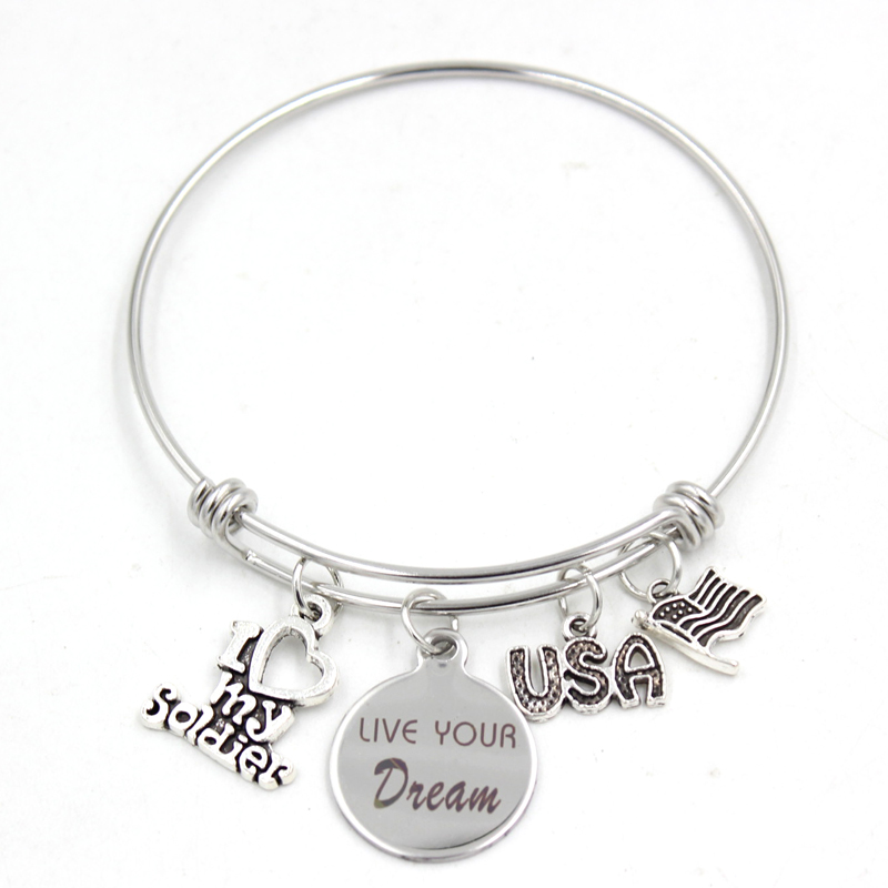 En gros Nouvelle Arrivée En Acier Inoxydable Fil Bracelet Bracelet J'aime Mon Soldat Bracelets pour Femmes bijoux Soldats Cadeaux