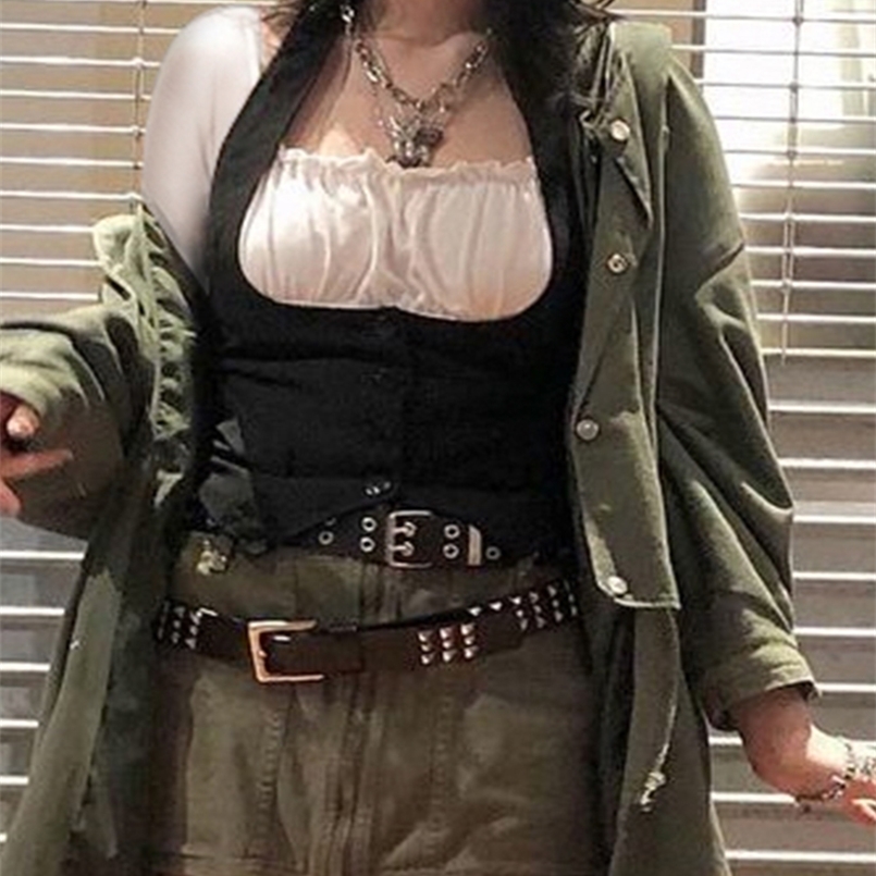 

Rapcopter Y2K Patched Crop Top Button Frill Full Sleeve T Shirt Sweet Cute Grunge Fairycore Retro Tee Women Korean Cihc Tsihrt 220728, Black