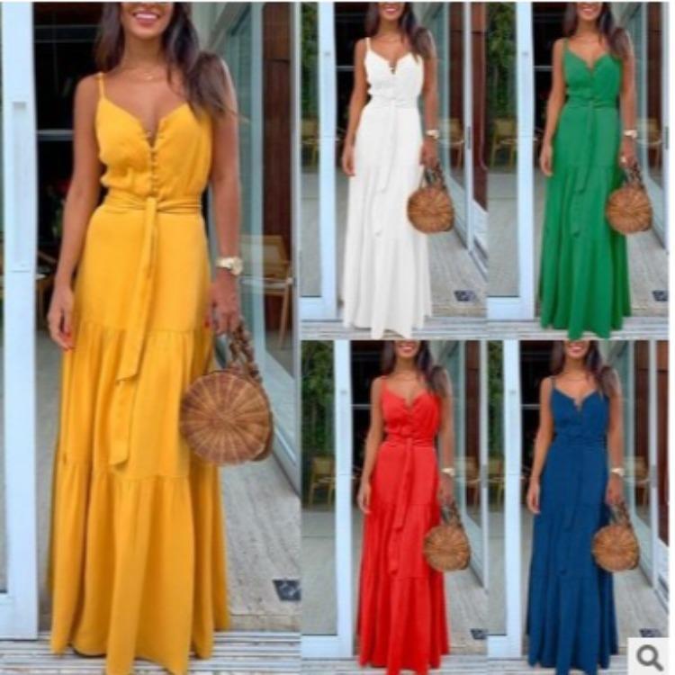 

Plus Size Dresses Women Long Dress Sling Strapless Lacing Personalized Buttons Splicing Casual Slim Big Hem Bohemina Style Beach Summer Cool, Blue