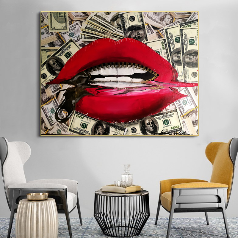 

RELIABLI ART Abstract Red Mouth Money Zipper Canvas Painting Wall Art For Living Room Posters And Prints Modern Home Decor