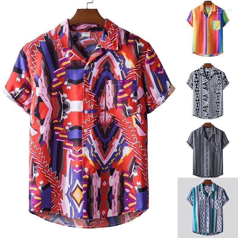 

Men's Casual Shirts Men Loose Shirt Summer Beach National Style Printed Tops Button Up Hawaii Short Sleeve Tee Top Blouse Eldd22