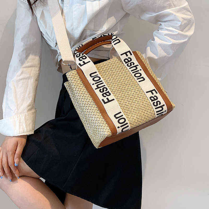 

Straw Woven Bag Women's Summer New Fashion Tote Texture Single Shoulder Messenger Bag Woven Bag 220614, Creamy-white